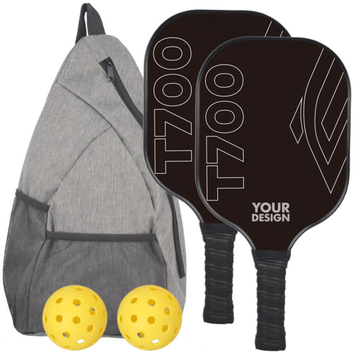 A grey backpack with two black pickleball paddles and two yellow pickleballs.
