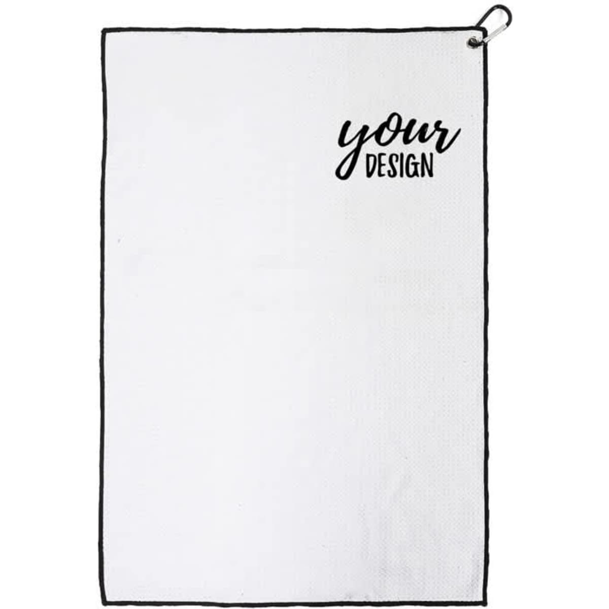 A white golf towel with a black border and a carabiner clip, featuring a space for a custom design.