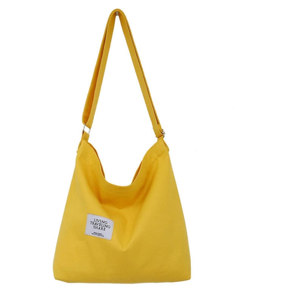 A yellow custom canvas shoulder bag featuring a single strap and a logo on the front.