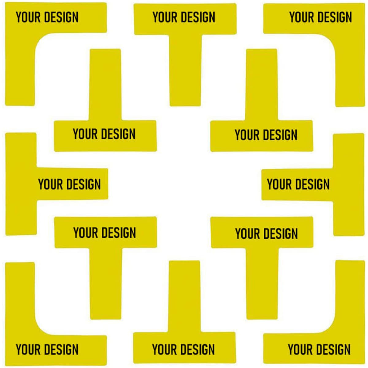 A set of bright yellow pickleball court marker lines in various shapes. Each marker features a placeholder design area.