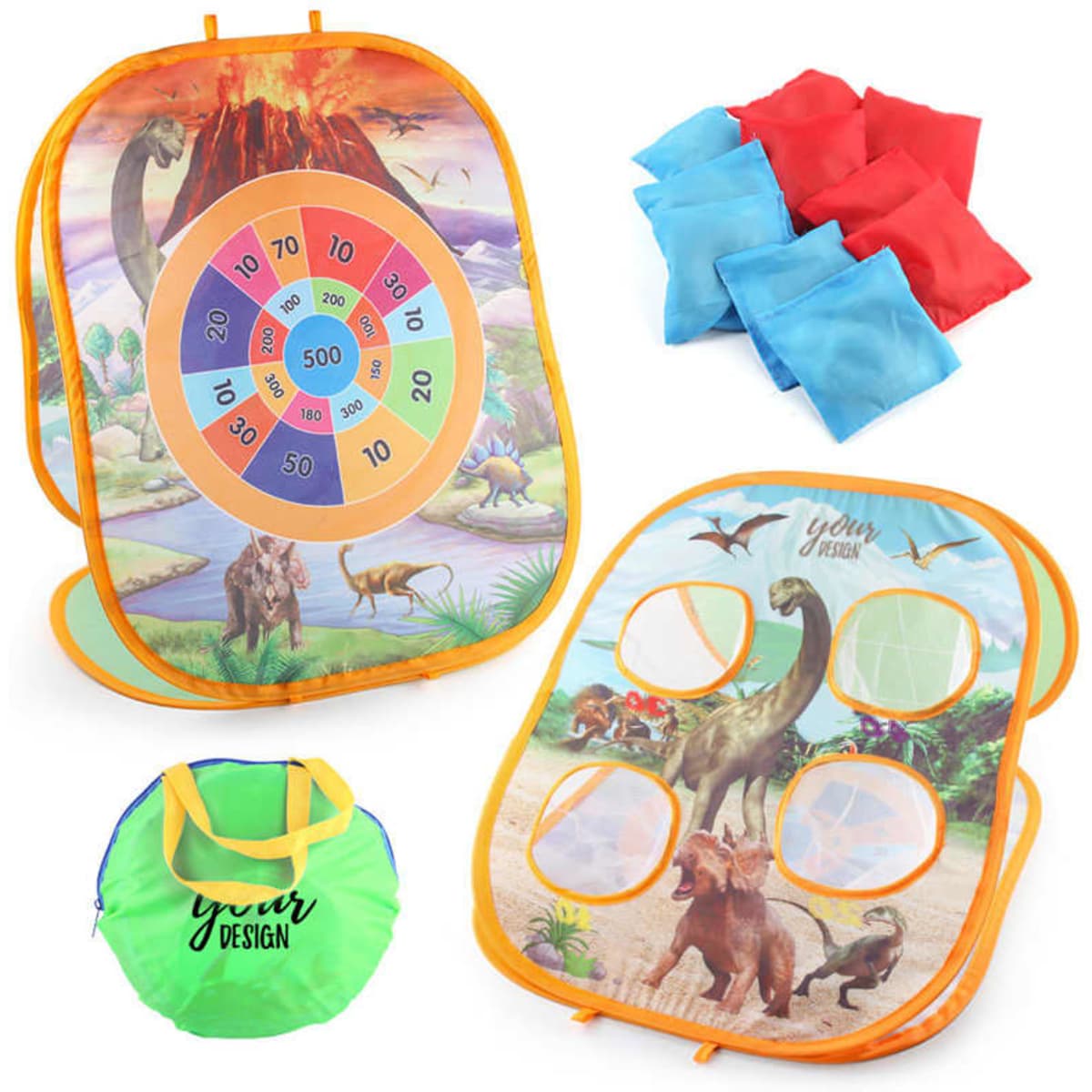 A colourful three-sided bean bag toss game featuring dinosaur illustrations and includes red and blue bean bags.