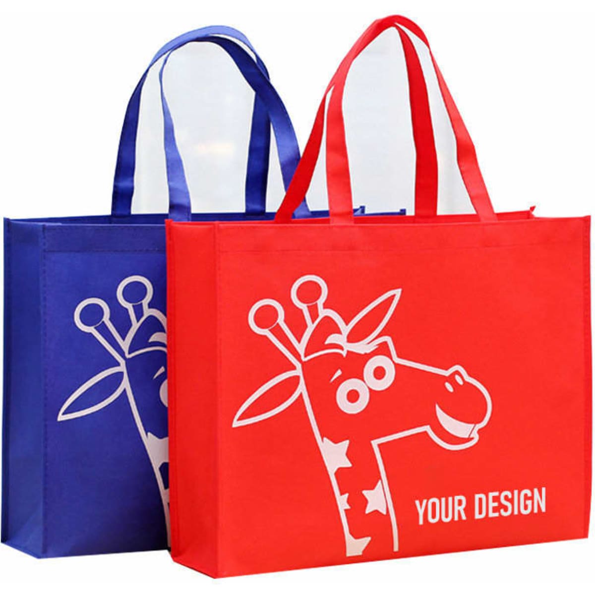 Two reusable non-woven grocery bags in blue and red, featuring a giraffe design and logo.