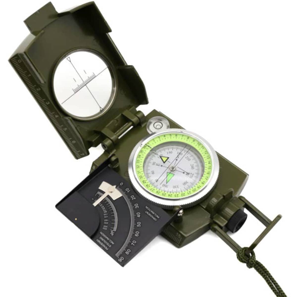 A multifunctional camping compass in olive green with a reflective mirror and adjustable sighting system.