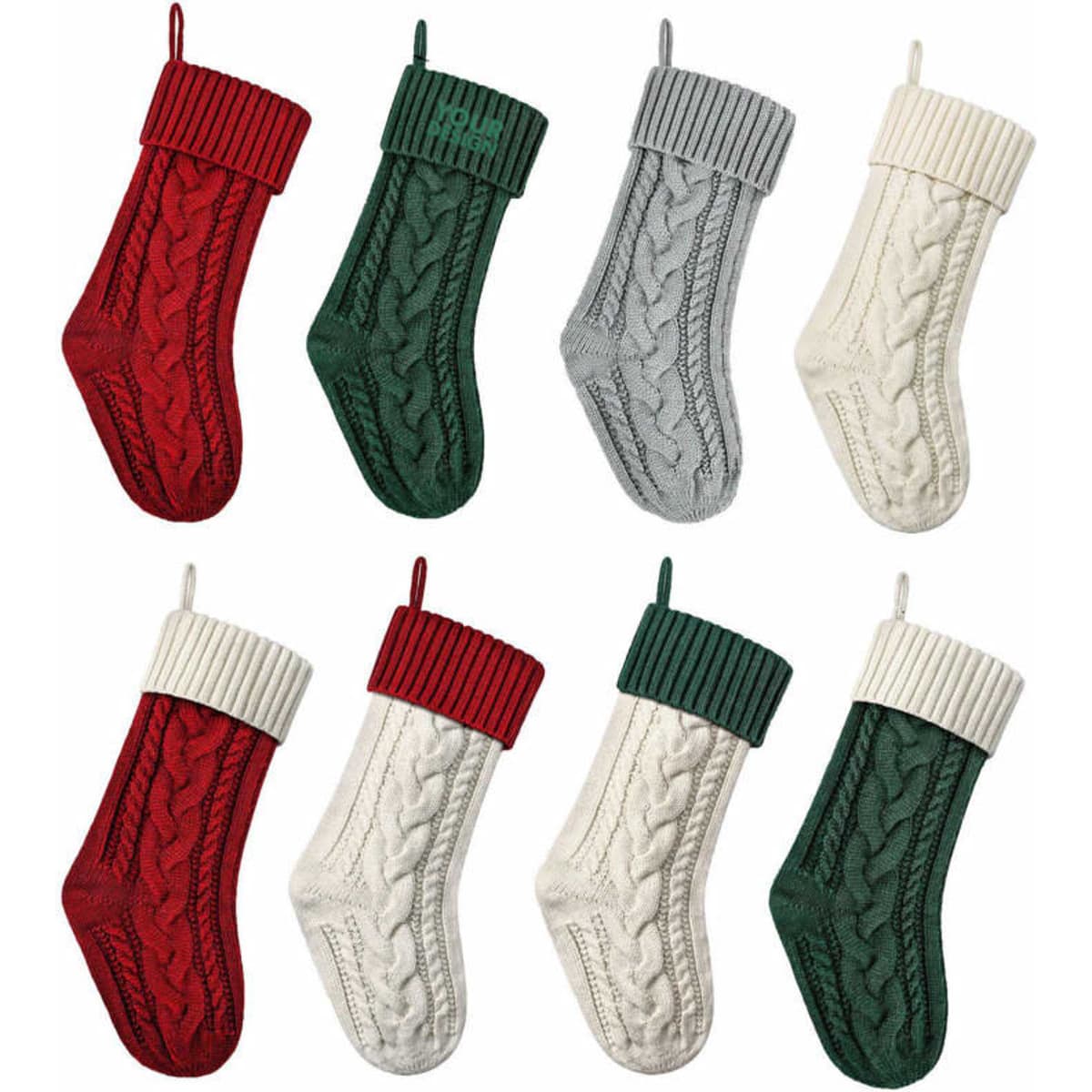 Eight large cable knitted Christmas stockings in red, green, grey, and cream, featuring textured knit patterns and looped tops.
