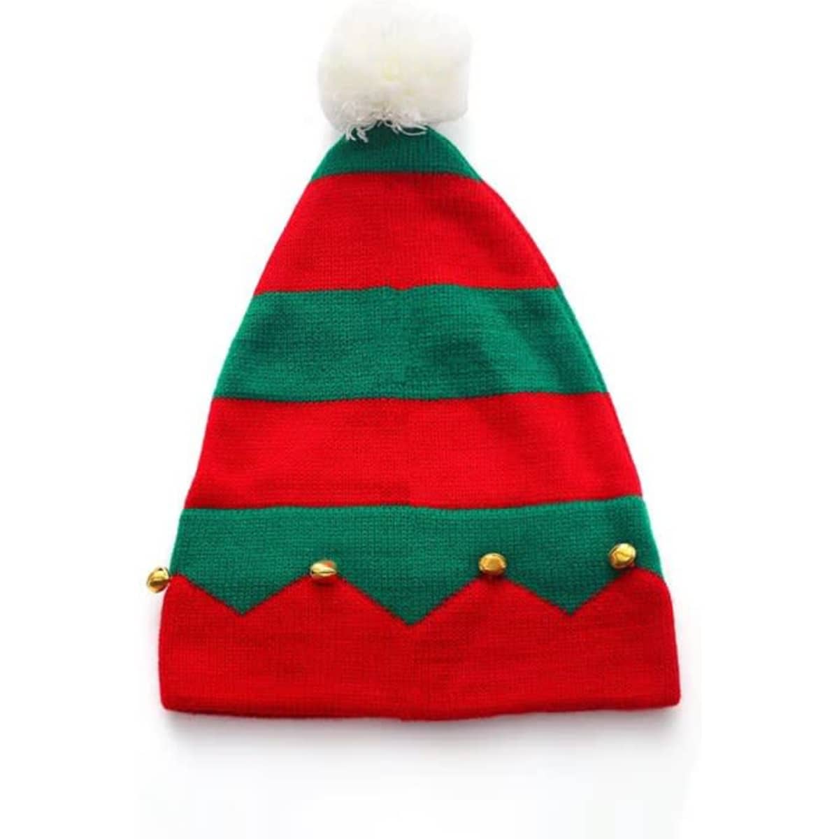 A red and green Christmas beanie with a plush ball on top and decorative bells along the bottom.