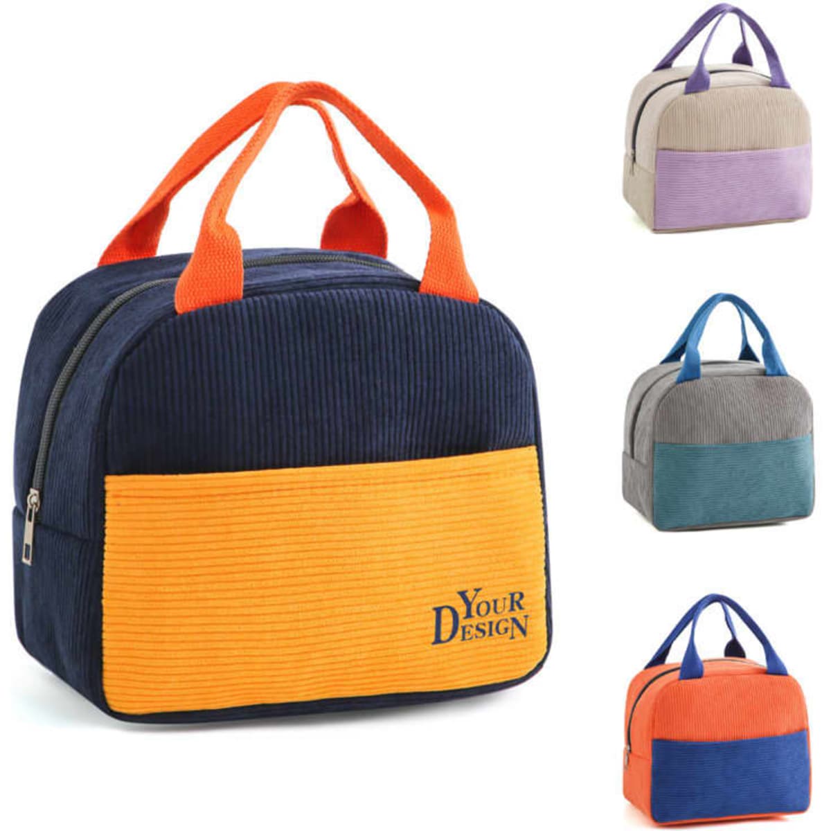 A corduroy insulated lunch bag in navy with an orange and yellow front, featuring versatile colour options and a logo.