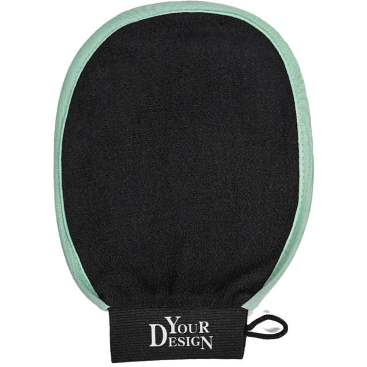 Exfoliating gloves in black with a mint green trim, featuring a black band with a logo.