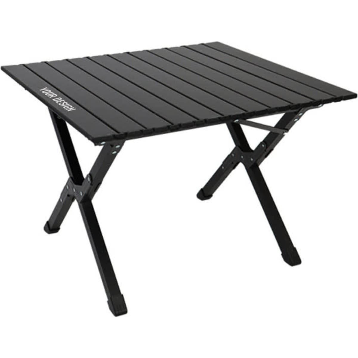 A portable folding camping table in black, featuring a slatted top and a logo on one side.
