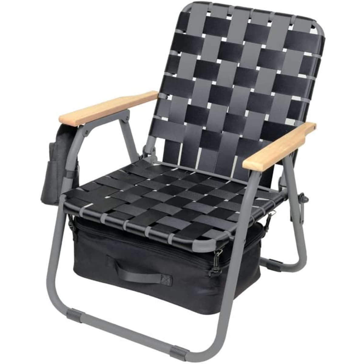 A black and grey webbed camping chair with wooden armrests and a storage bag at the bottom. It features a simple design.