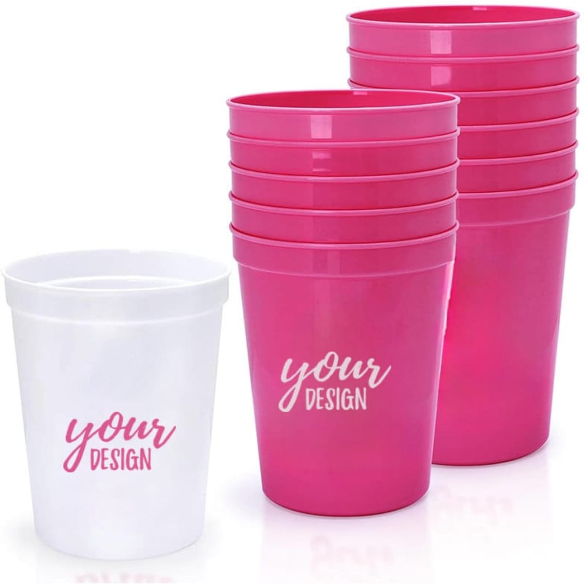 A set of pink and white reusable plastic cups, featuring a logo on the white cup.