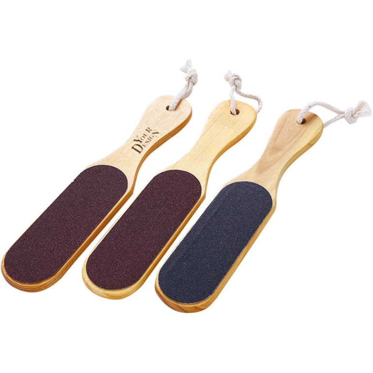 A set of three foot files with wooden handles and textured surfaces in black and brown. Each file has a hanging loop.