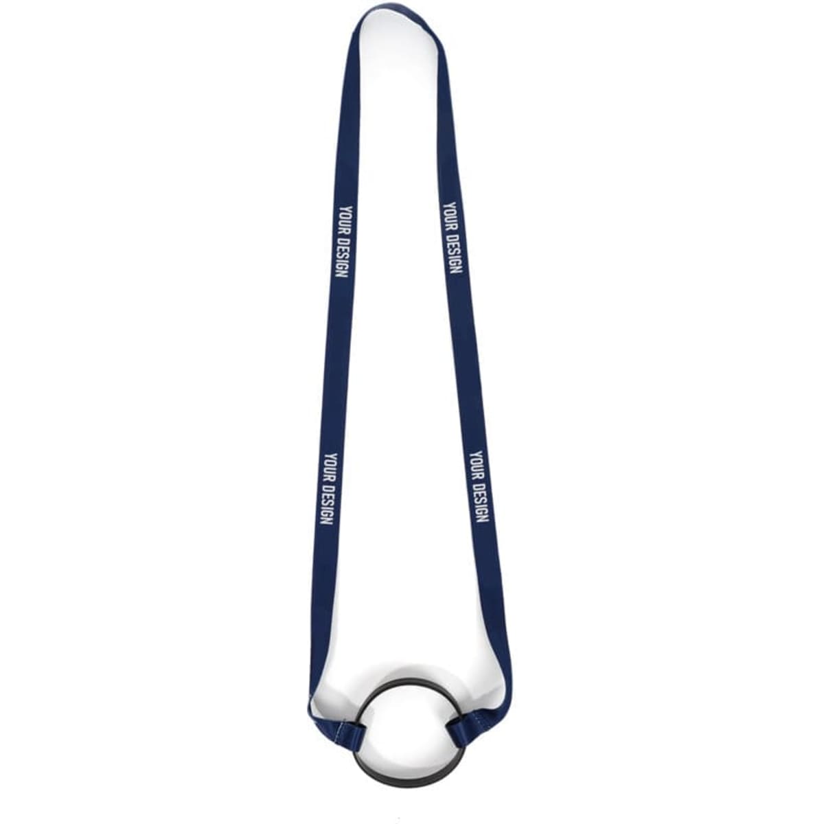 A drink bottle sling carrier with a navy strap and a circular attachment. It features a logo on the strap.