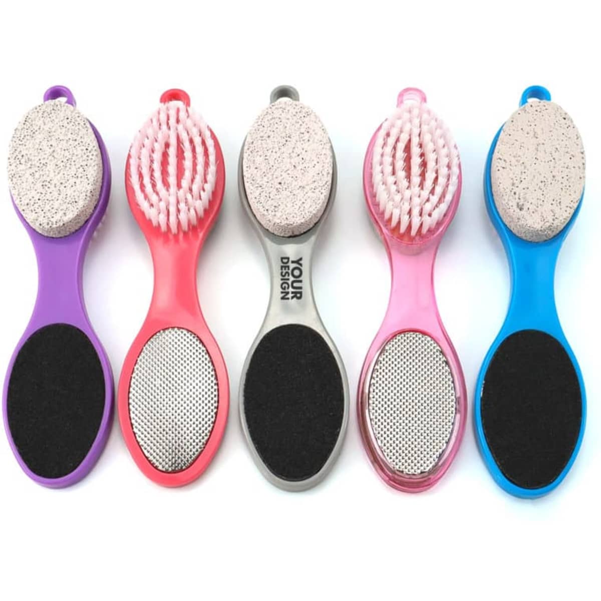 A collection of five multi-purpose foot files in purple, pink, and grey, featuring various textures and a logo.