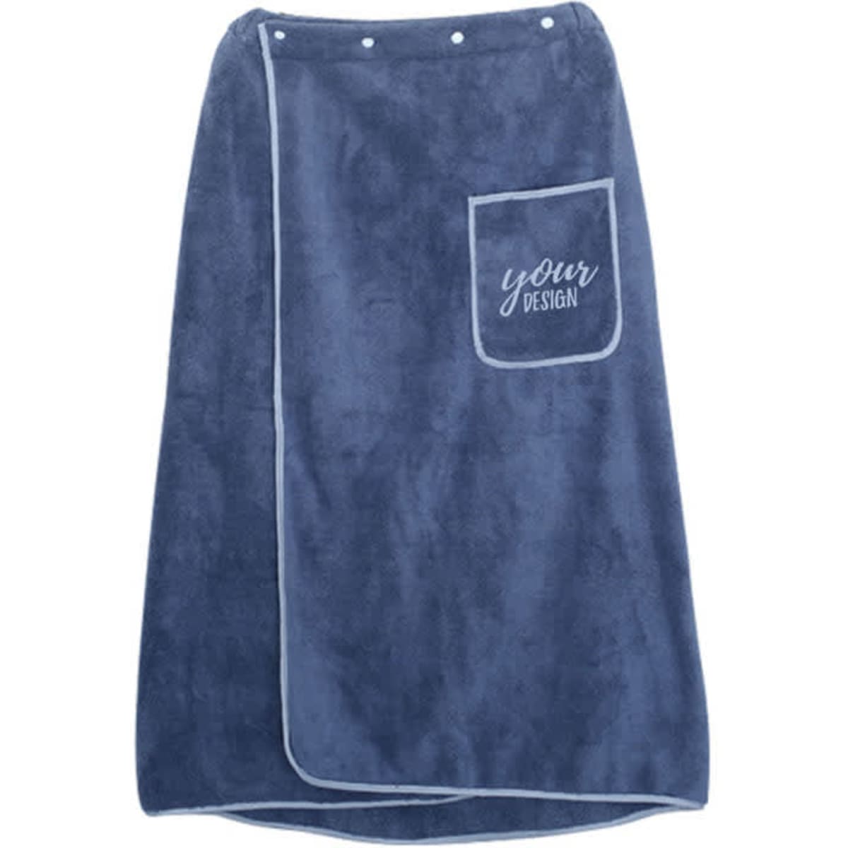 A navy adjustable bath towel wrap with snaps and a front pocket for custom designs. Features a soft texture.