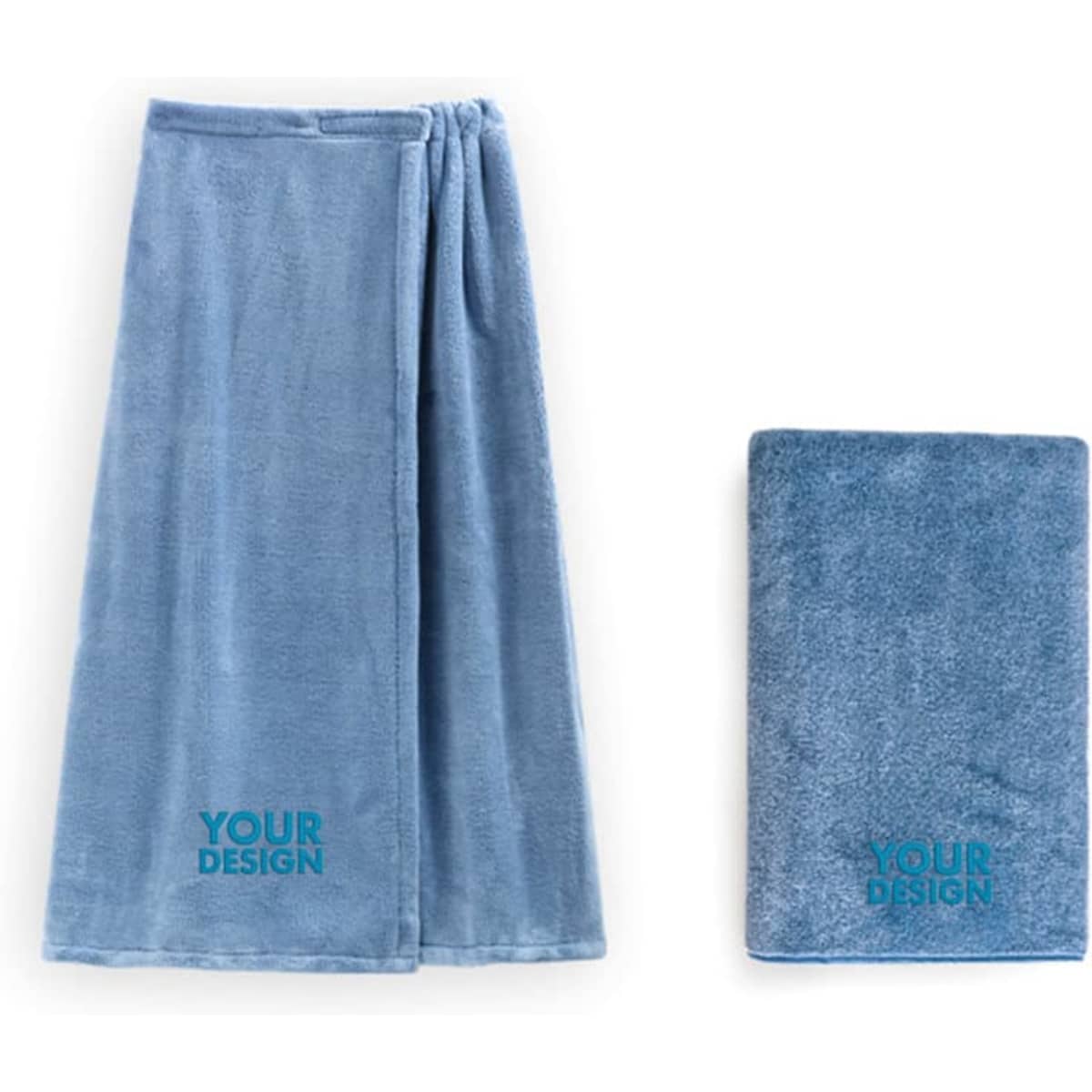 A light blue women's adjustable bath wrap with a matching towel, featuring a logo design.