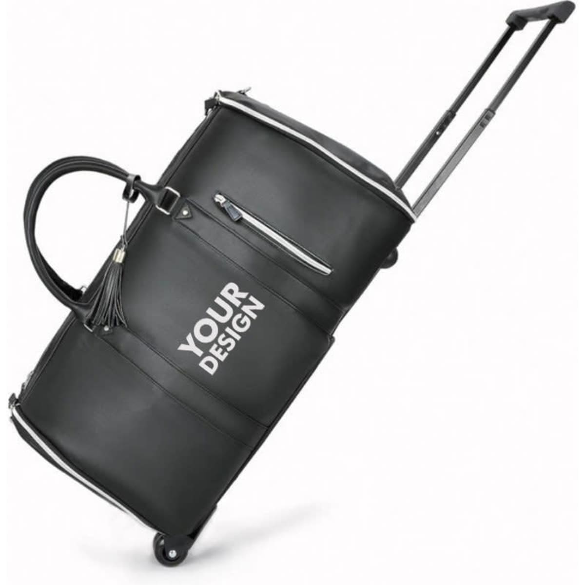 A wheeled garment bag in black with a handle and a zippered shoe compartment, designed for personalised branding.