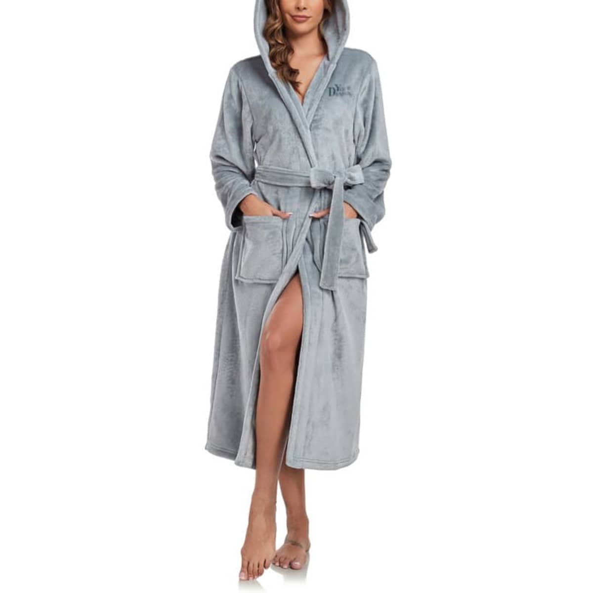 A grey unisex terry hooded bath robe, featuring a belt and front pockets, with a logo on the chest.