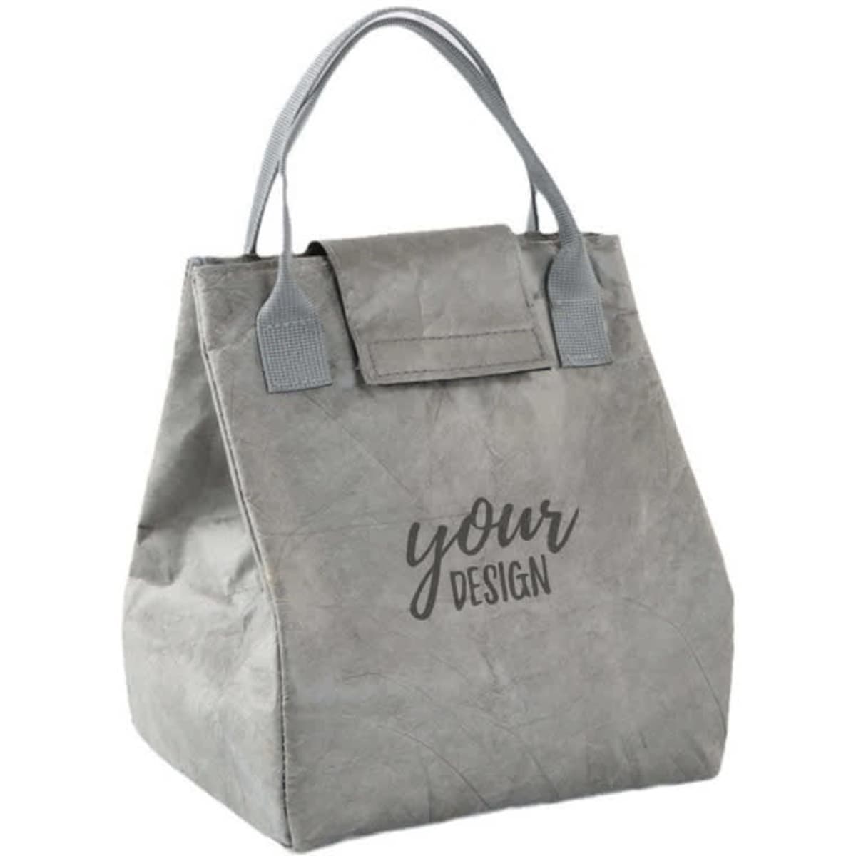 A grey insulated lunch bag with handles and a design area. It features a logo but no specific branding visible.