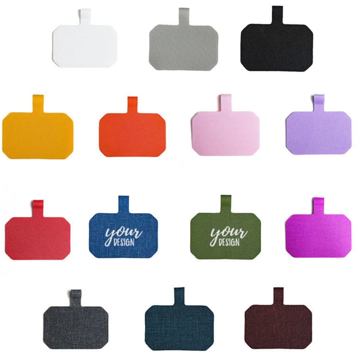 A collection of phone strap patches in various colours, including white, grey, yellow, red, pink, and purple, with multiple designs.