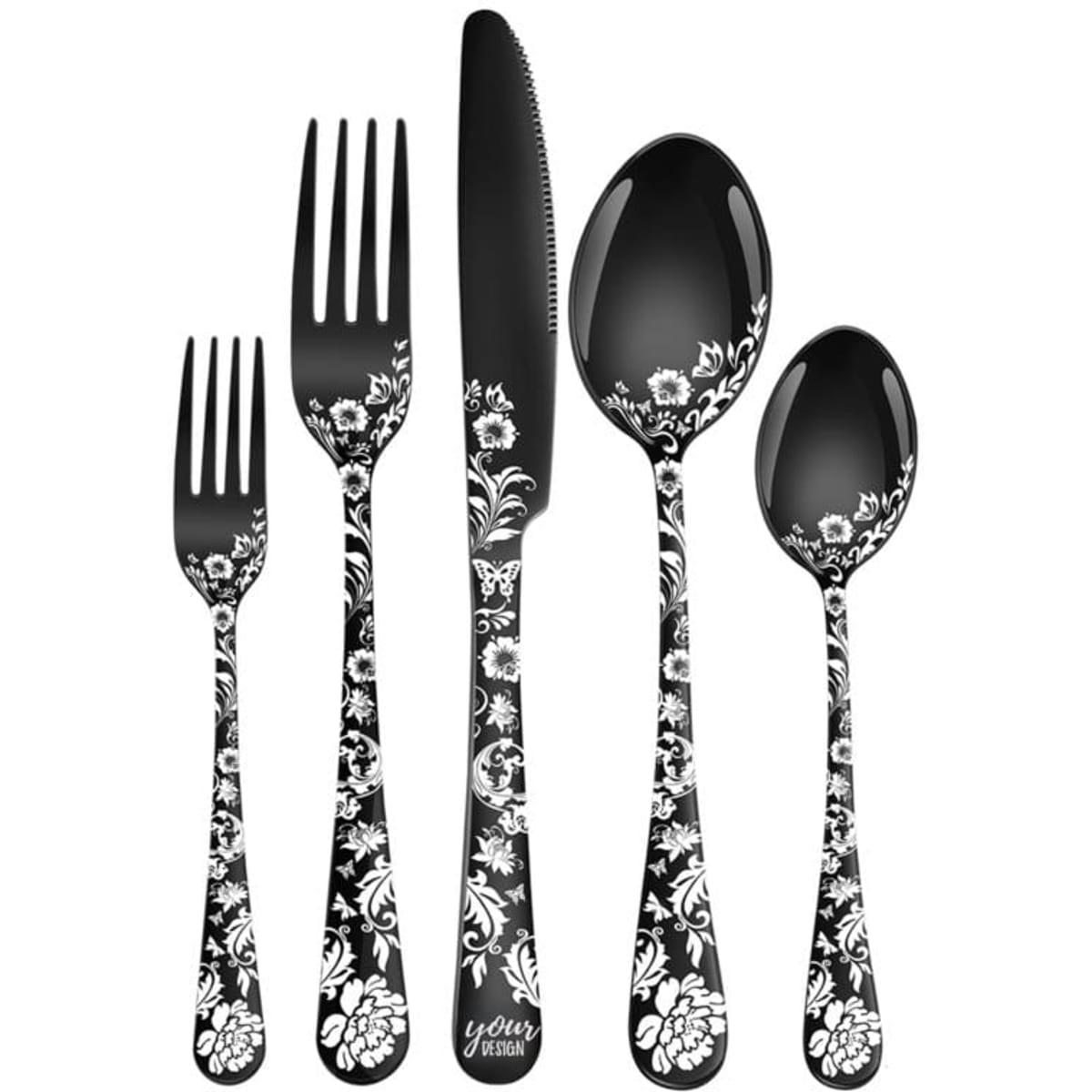 A stainless steel flatware set with a decorative black and floral design, including forks, spoons, and a knife.