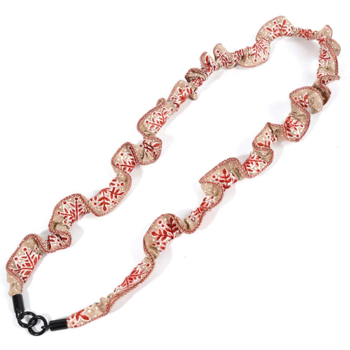 A patterned lanyard featuring red and beige designs, designed for holding phones or ID badges.