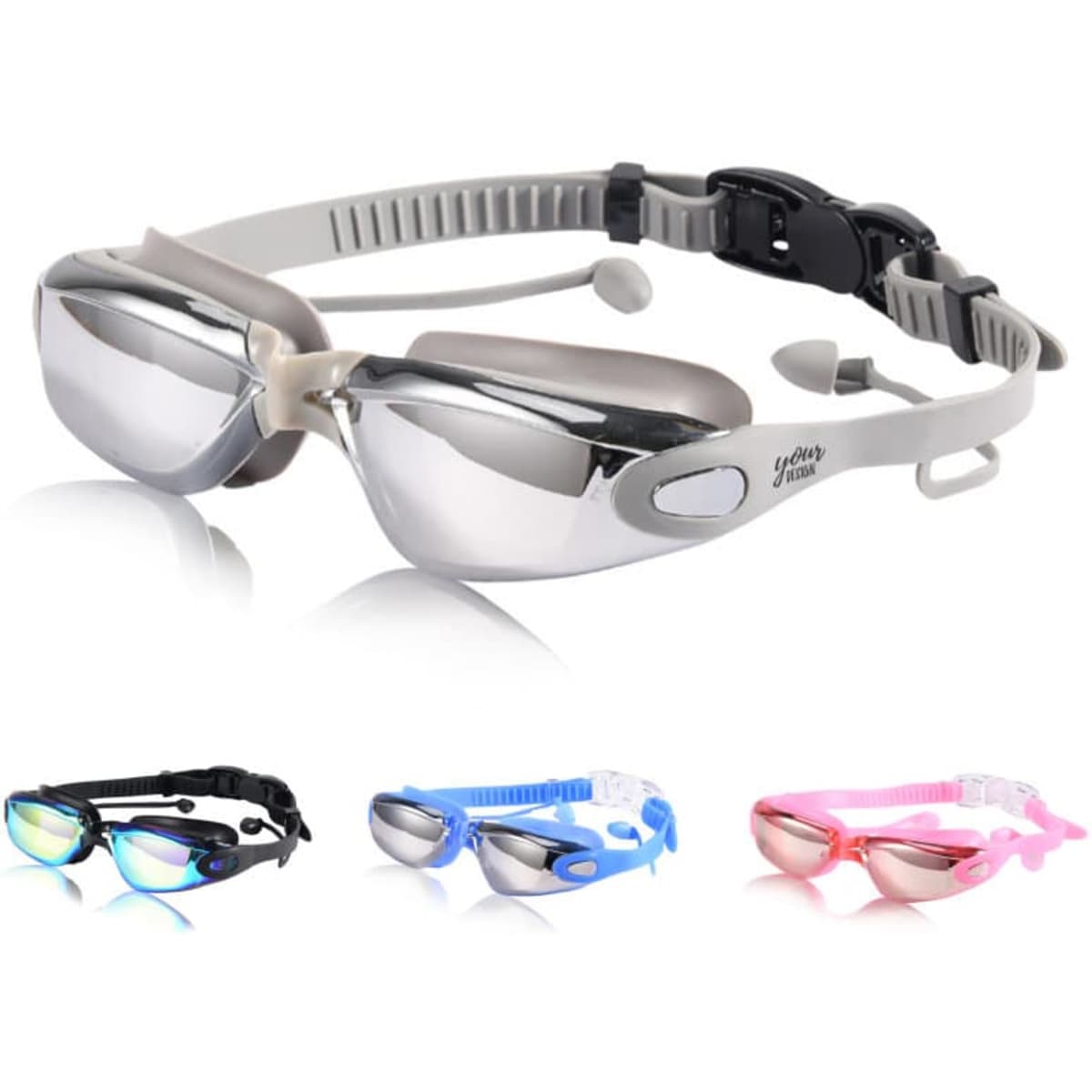 A pair of unisex adult swimming goggles in grey, with additional goggles in black, blue, and pink, featuring a logo.