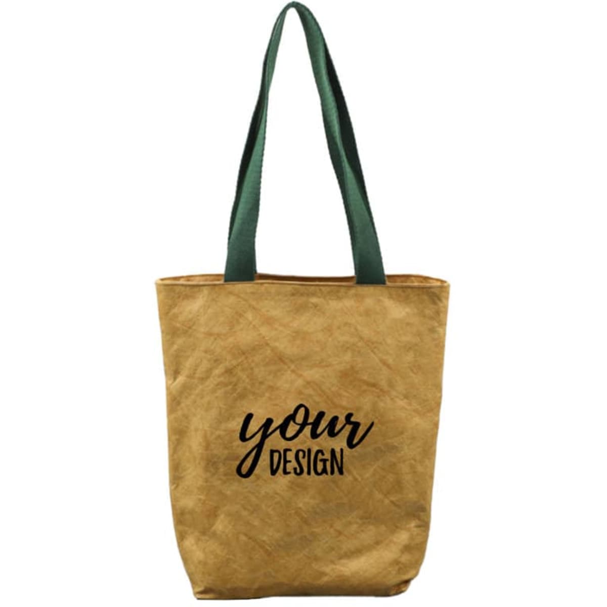 A lightweight, mustard yellow tote bag with dark green handles and a branded logo.