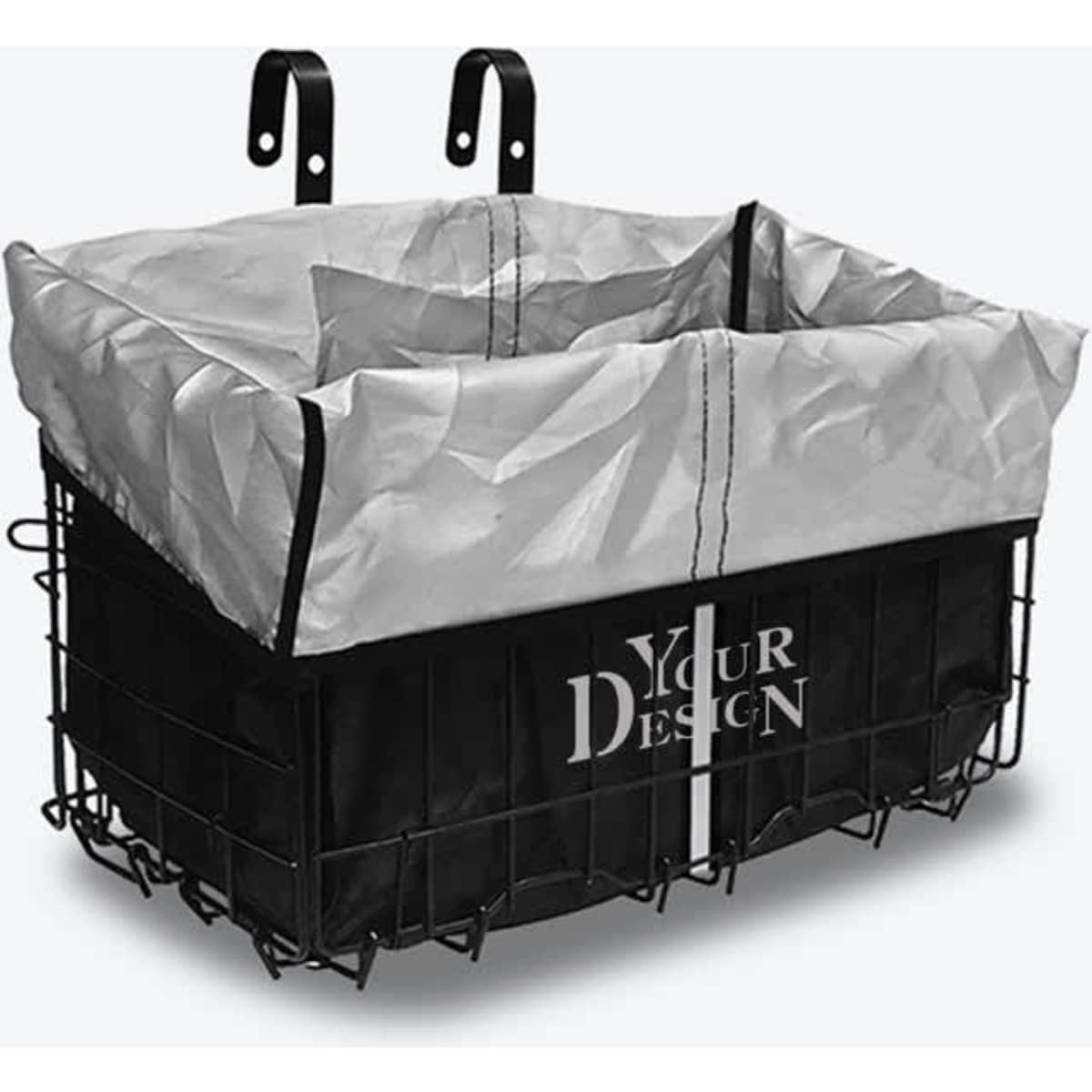 A black wire bike basket liner with a silver waterproof covering and hooks for attachment, featuring a logo.