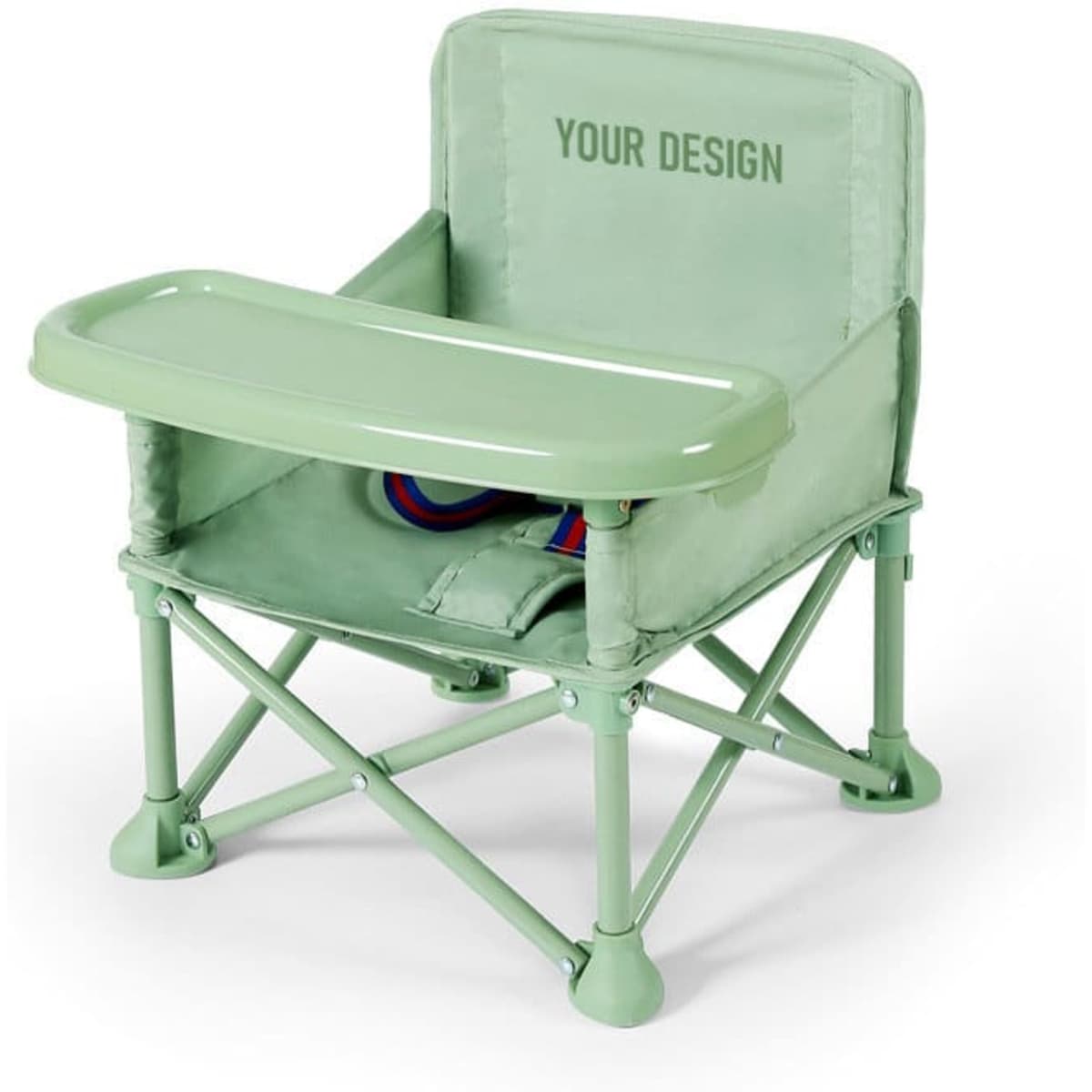 A portable foldable baby chair in light green with a tray and adjustable straps, featuring a logo.