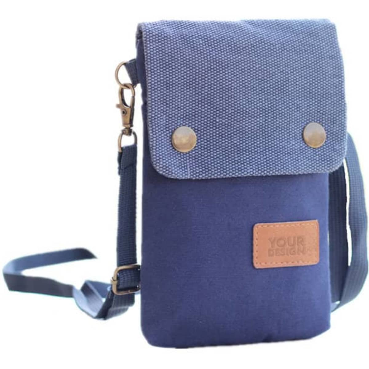 A navy blue canvas mobile phone shoulder bag with a denim-style flap and a detachable strap. Features a logo patch.
