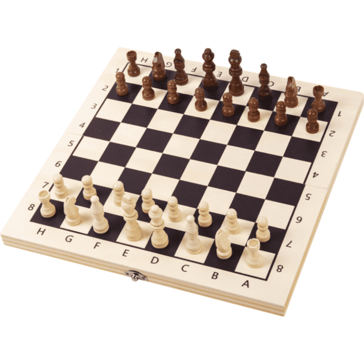 A foldable wooden chess set featuring light and dark pieces on a checkered board, complete with coordinates along the edges.