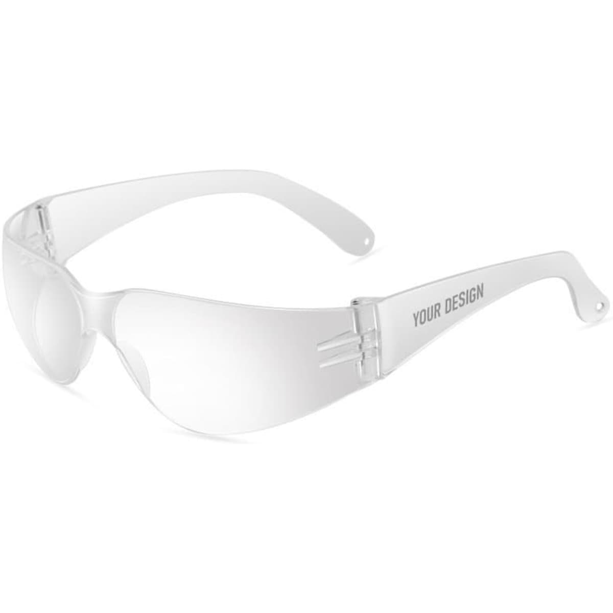 Clear safety glasses with a transparent frame and tinted lenses, featuring a logo on the side.