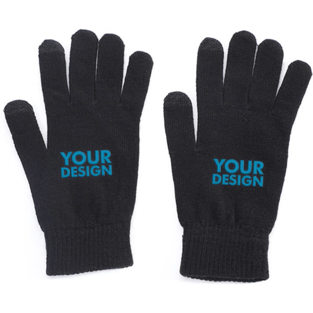 A pair of black gloves with a logo on the back of each hand. They are designed for touch screen use.