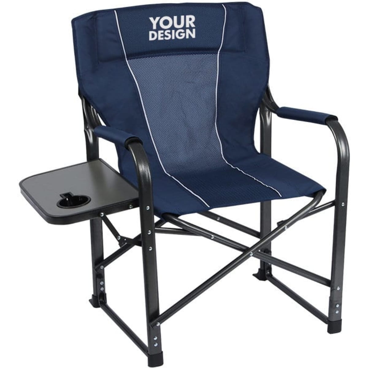 A drink bottle holder is attached to a navy blue camping chair with a side table, featuring a logo on the backrest.