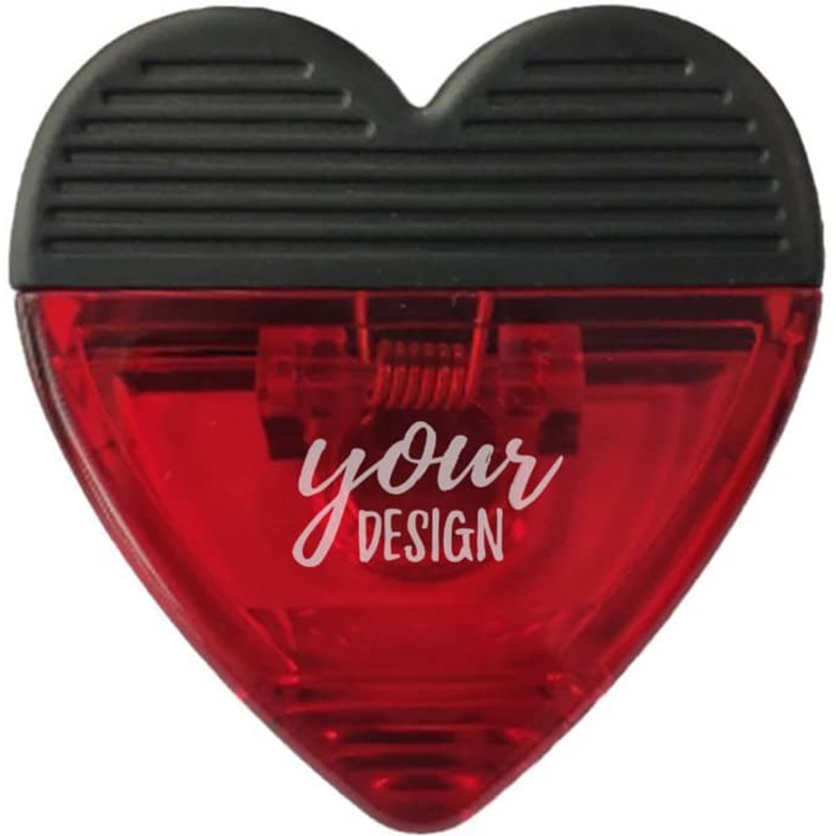 A heart-shaped red magnetic memo clip with a black top and space for custom designs.