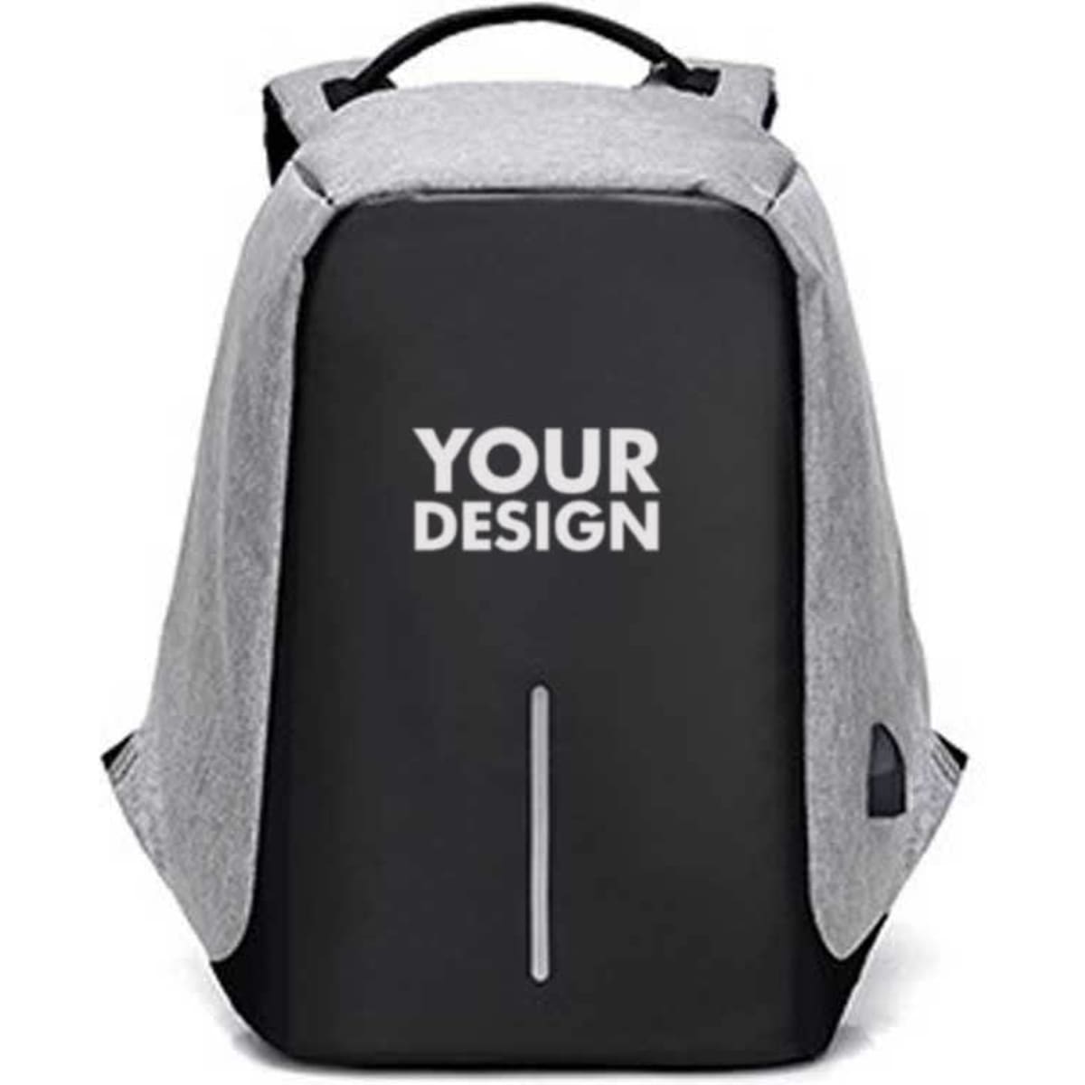 A grey and black travel backpack featuring a USB charging port and a logo area on the front.