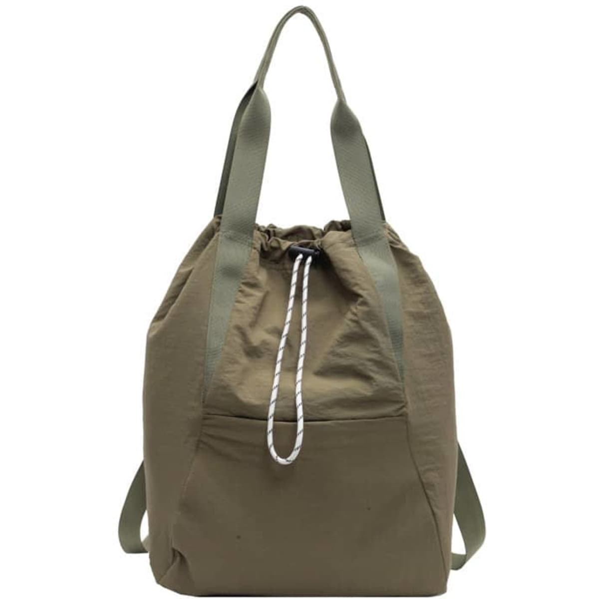 A khaki drawstring backpack with a front pocket and adjustable straps. It features a logo.