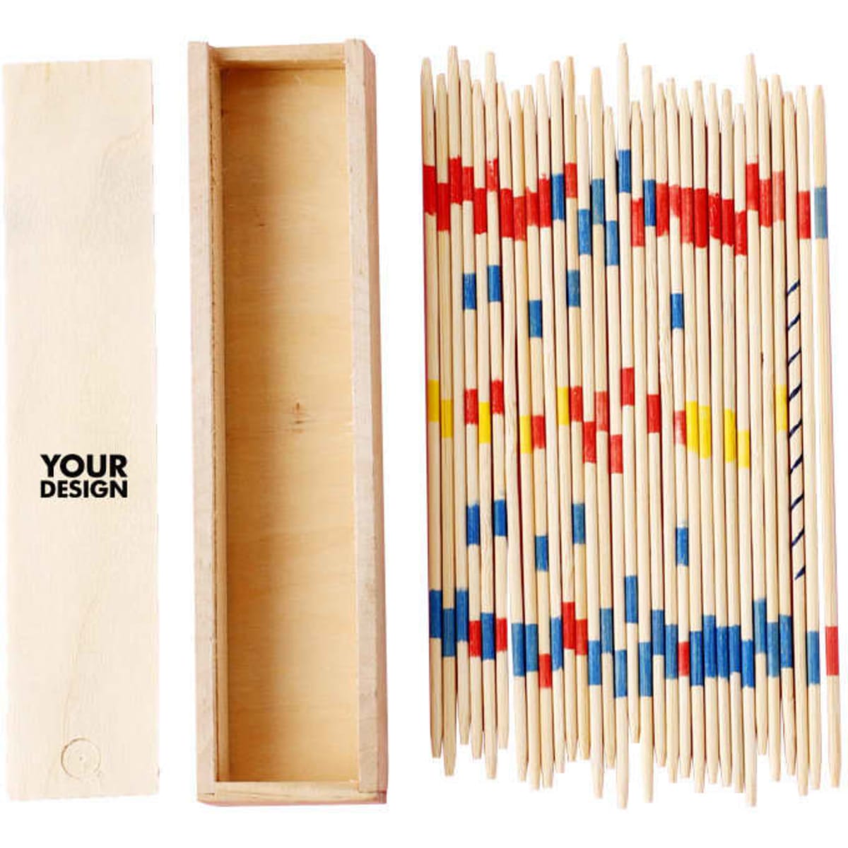 A wooden box containing multicoloured thin pick-up sticks, arranged alongside the empty container.