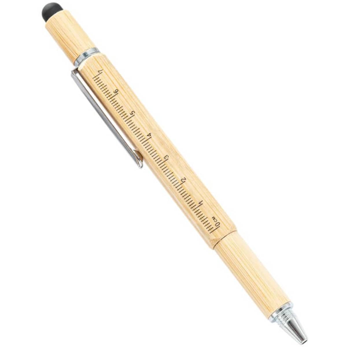 A multifunctional bamboo ballpoint pen in natural wood with a silver clip and a ruler detail along the barrel.