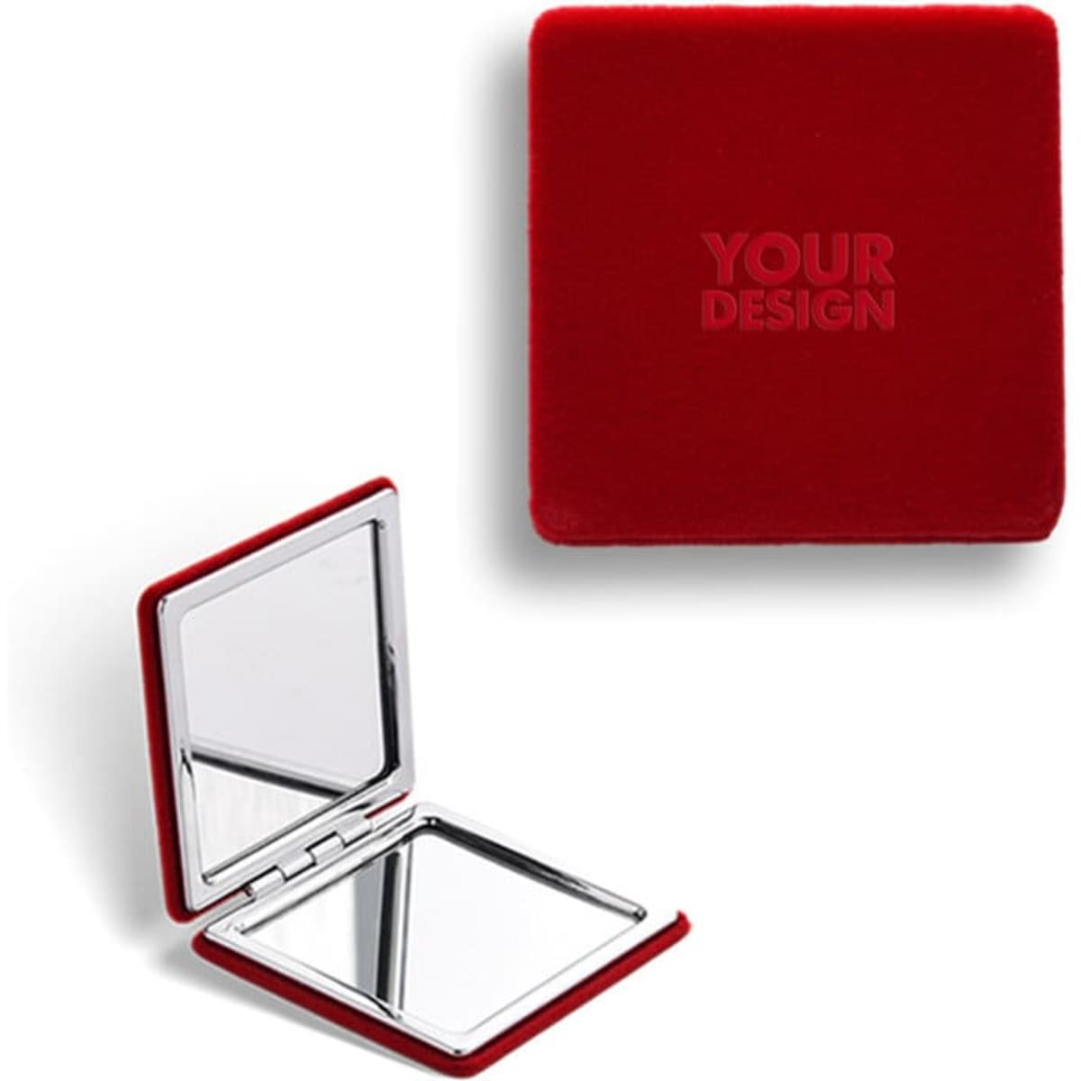 A red folding square pocket mirror with a smooth finish and a branding area on the exterior.