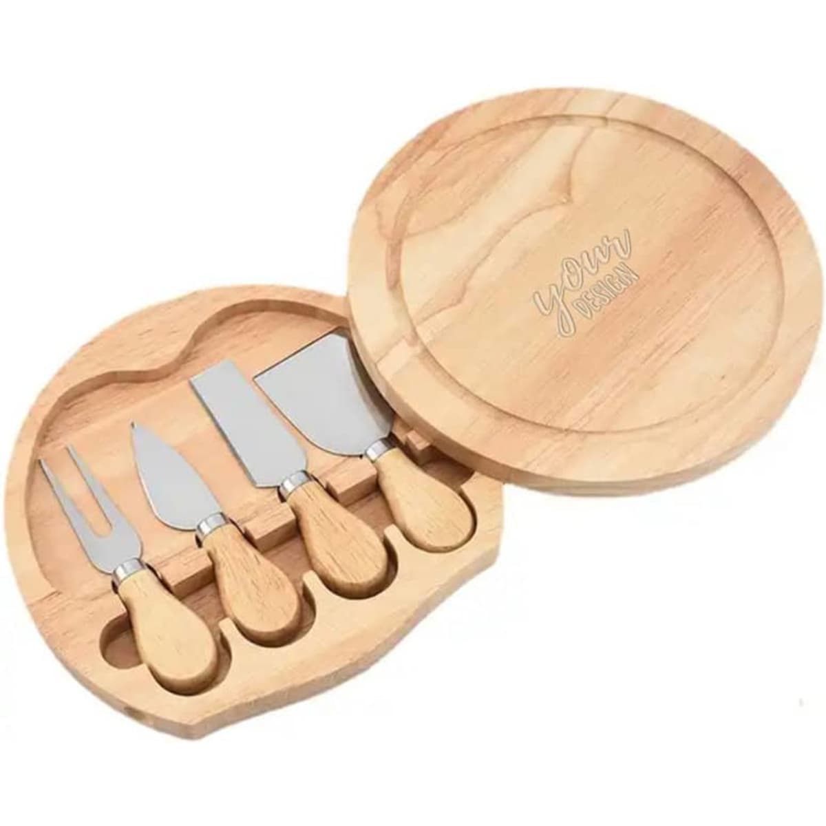 A personalised wood cheese board and knife set with four stainless steel knives and a wooden lid.