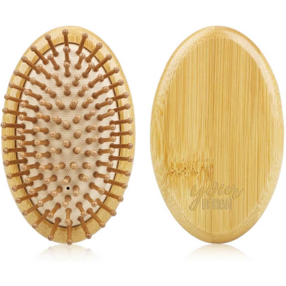 A bamboo massage comb with wooden bristles, featuring a smooth surface and oval design. Includes branding on one side.