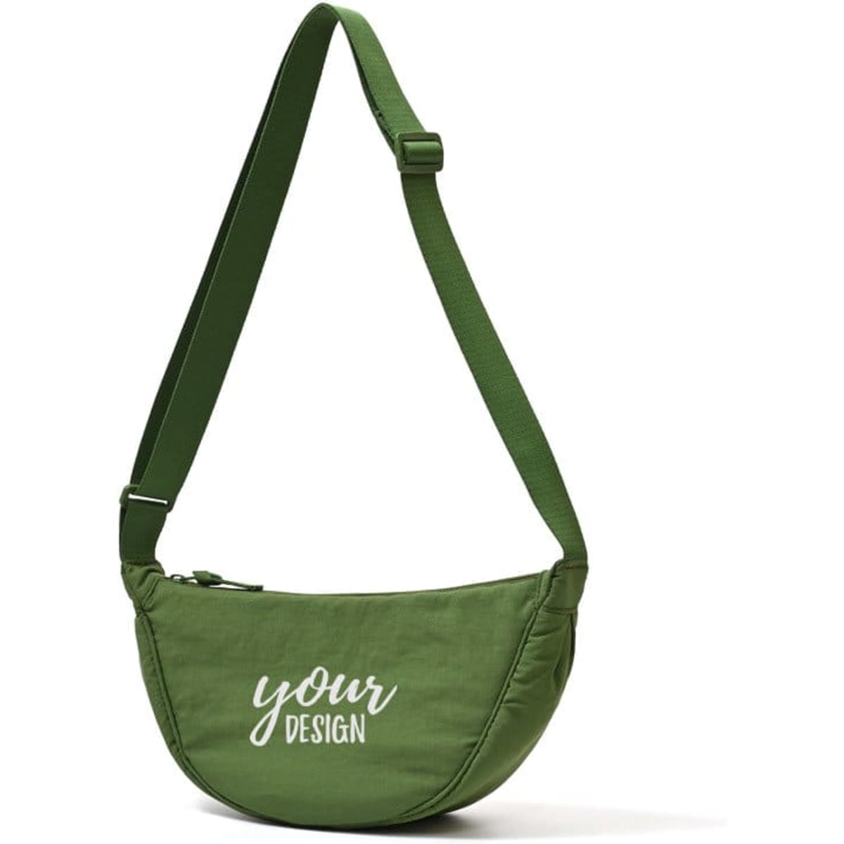 A green crossbody bag with a zip closure and an adjustable strap. It features a design placeholder.