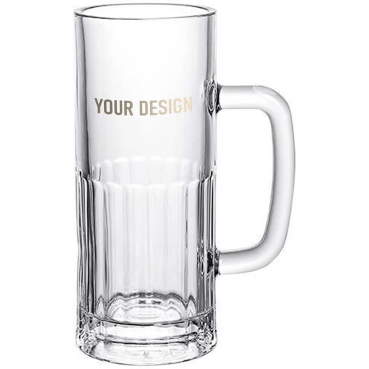 A clear glass beer mug with a textured design and a sturdy handle, featuring a space for custom design.