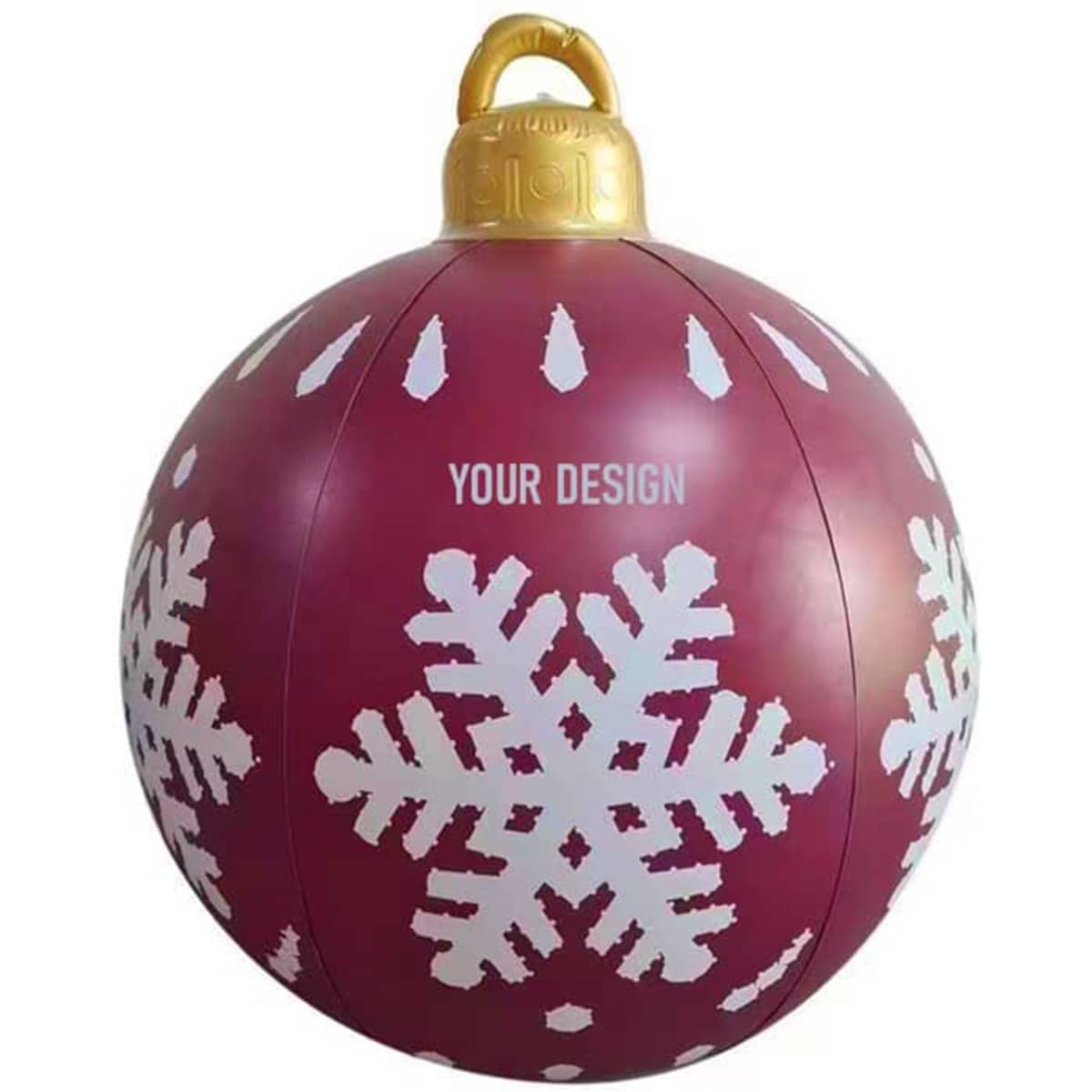 An inflatable Christmas ball in burgundy with white snowflakes and a gold hanging loop.