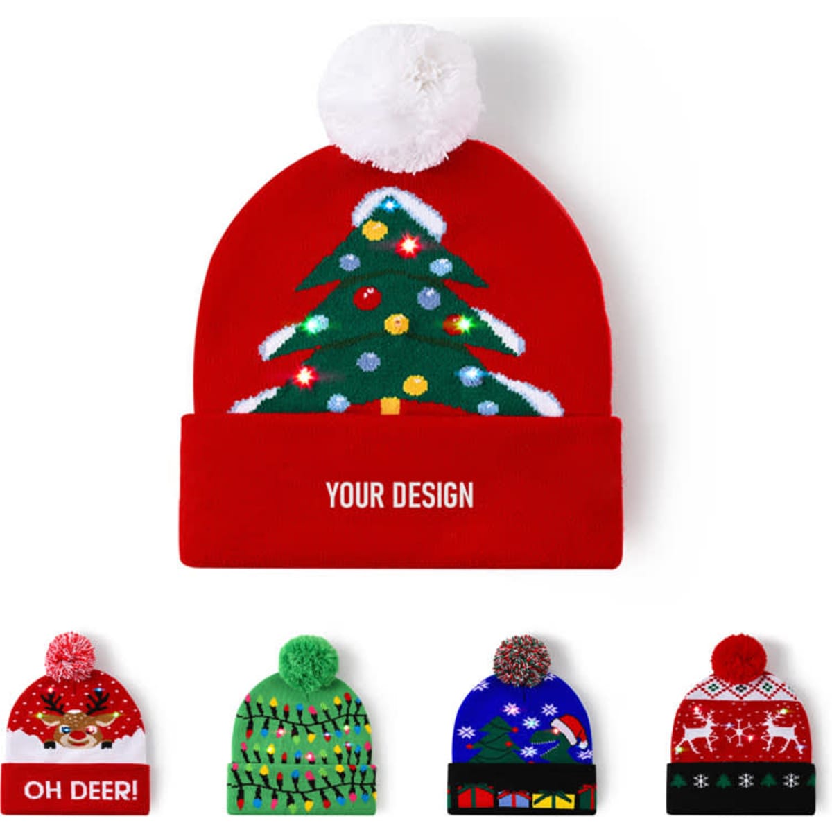 A red knitted Christmas beanie featuring a tree design and pom-pom, with multiple design options below.