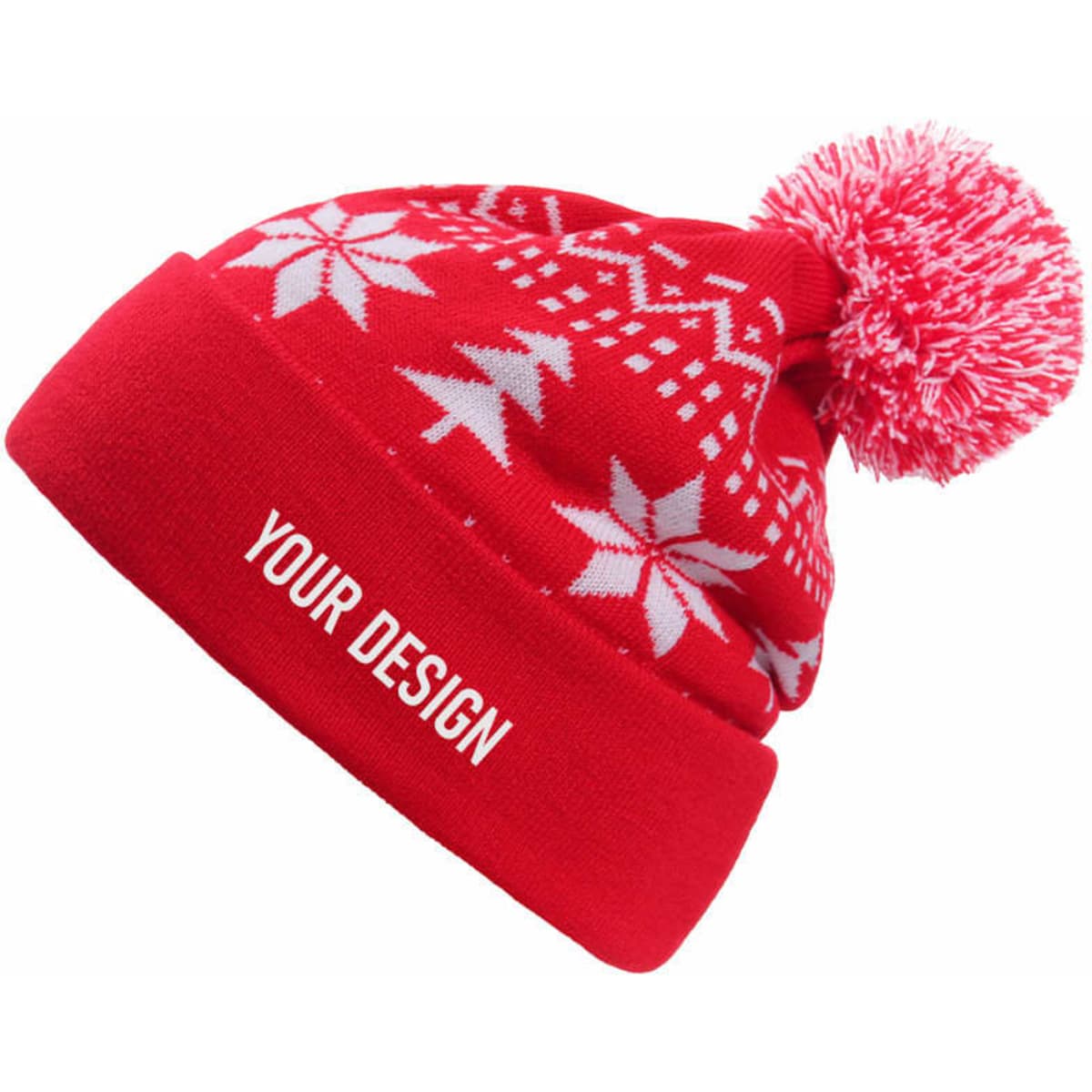 A red cuffed beanie with a white snowflake pattern and a pom pom on top, featuring a space for custom text.