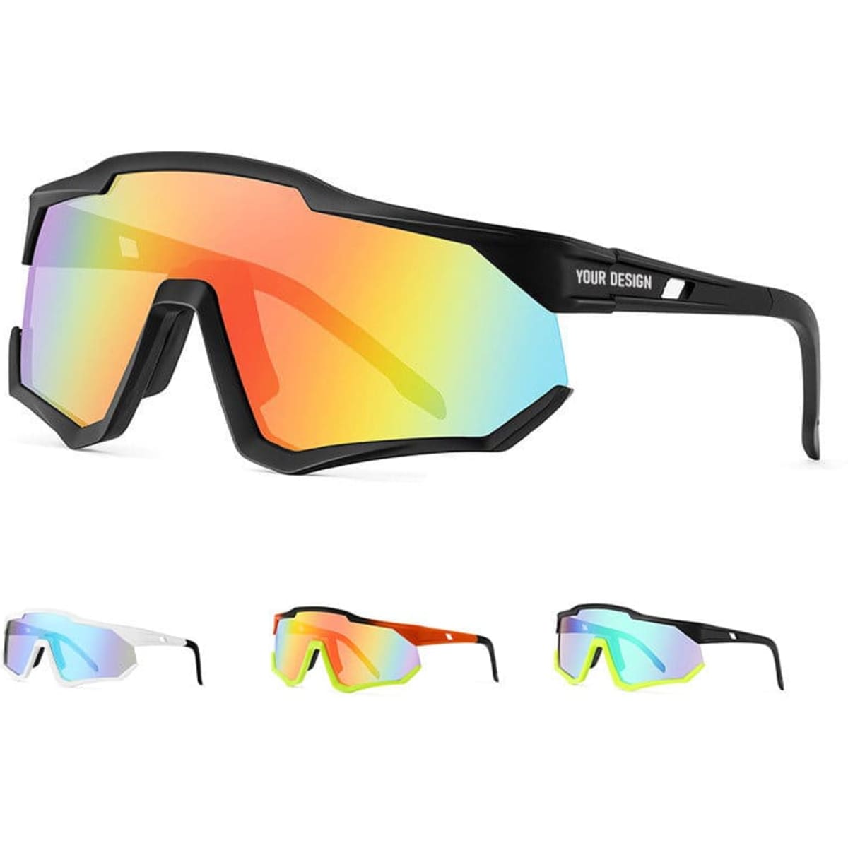 Polarised sports glasses in black with a mirrored lens, accompanied by three additional coloured variations.