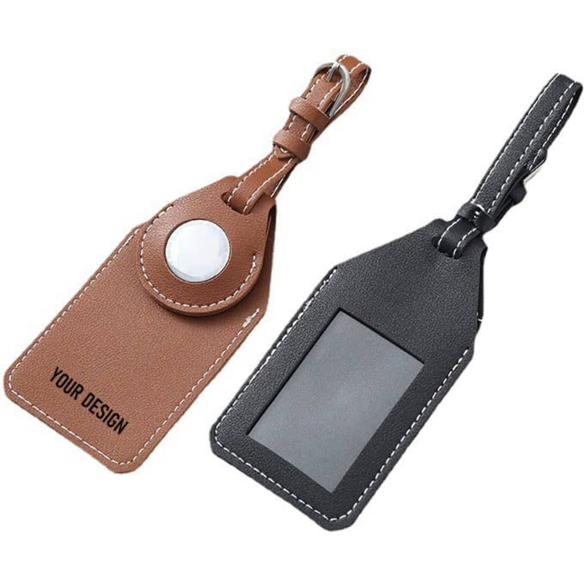 A GPS luggage tracker tag in brown and black leather with a clear ID window and a button for tracking functionality.