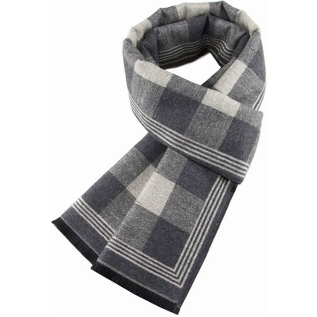 A custom winter scarf featuring a grey and black checkered pattern with striped detailing. Perfect for keeping warm.